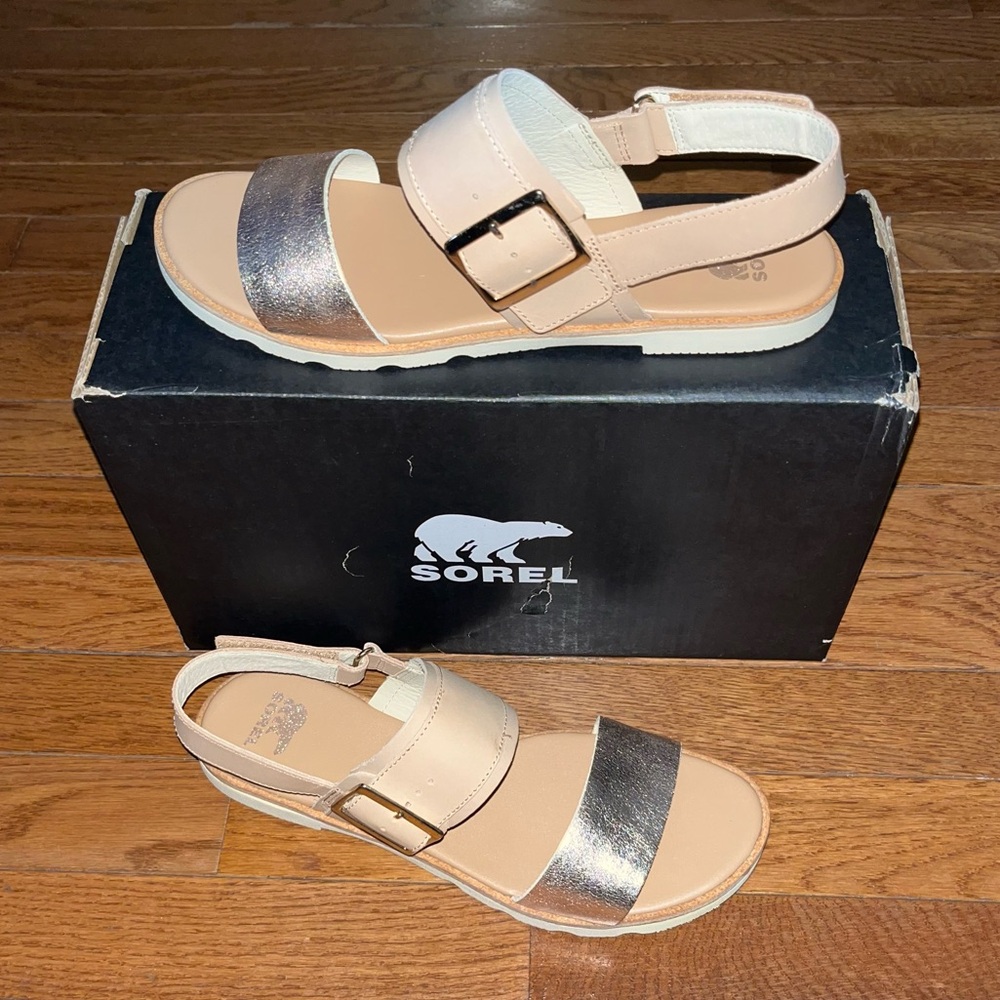 Sorel Ella III Slingback Leather Sandals Honest Beige & Honey White Women’s 9 - Picture 2 of 10